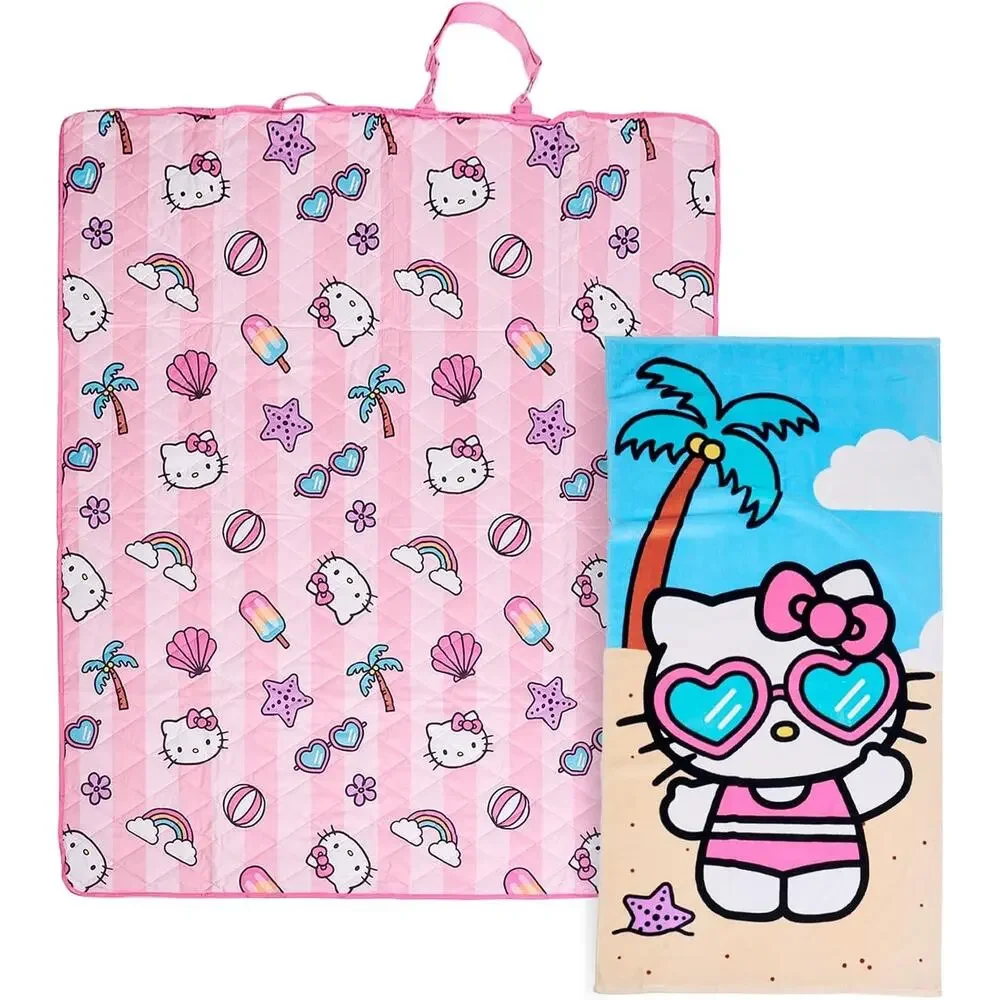 Hello Kitty Picnic Blanket Beach Towel Set Pink Foldable 2 Pc Summer NWT
